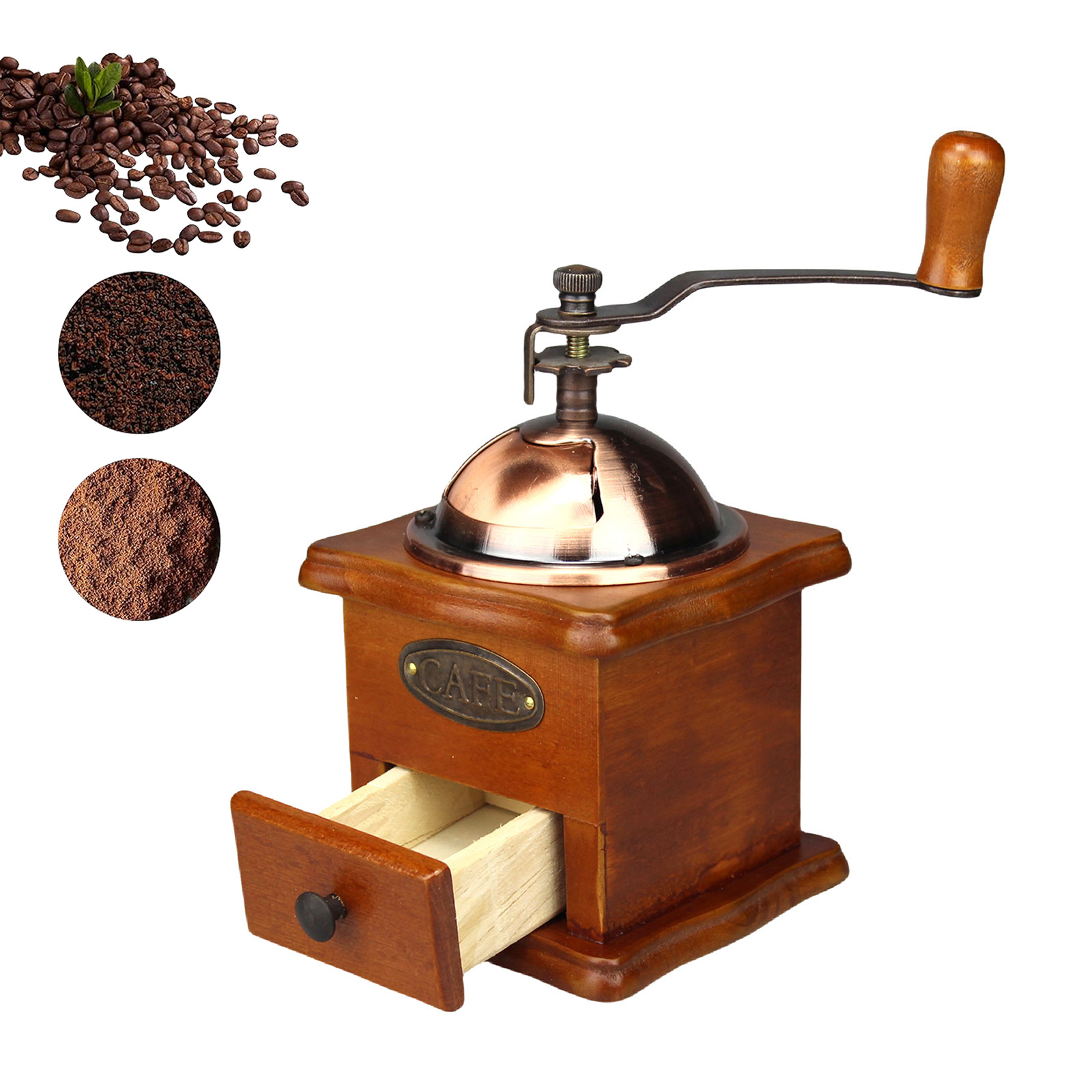 Burr Hand Grinder - アンティーク手動コーヒーミル、手回し式、豆挽き器、クラシックな木製セラミック刃、スパイスミル、レトロなヴィンテージデザイン、コーヒー機の調整用。