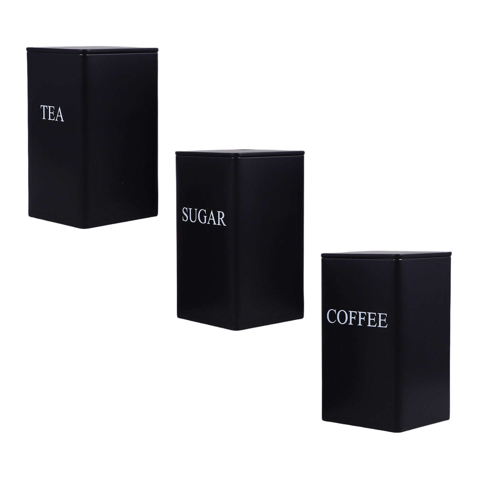 3個入り、キッチン収納用金属製の黒い正方形の密閉容器。お茶、 - Coffee Tea Sugar のレビューと価格